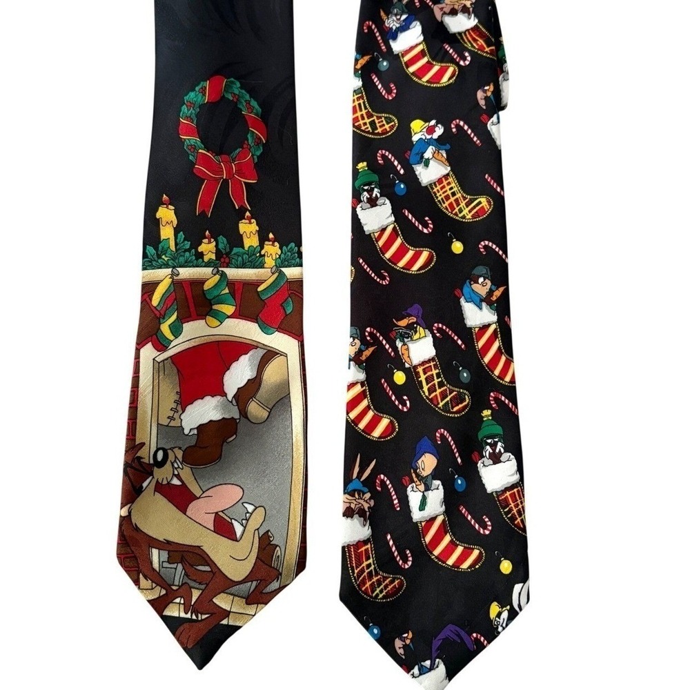 Looney Tunes Vintage 1990s Christmas Necktie Lot 2pc Taz Bugs Bunny Holiday Ties